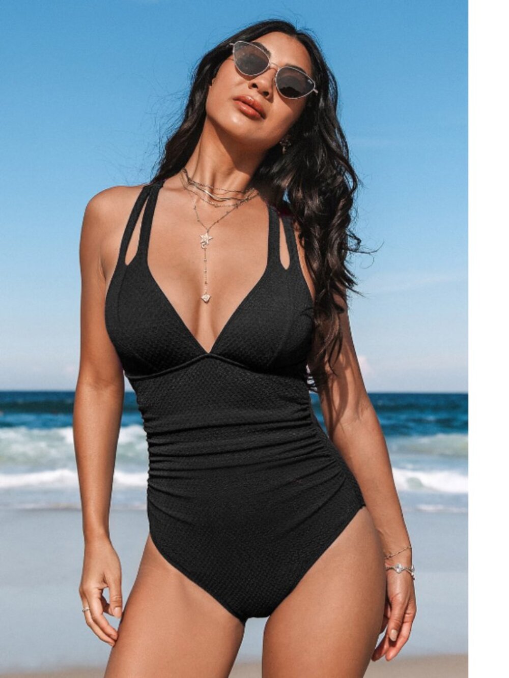 Cupshe Black One Piece Swimsuit Halter Tie Ruched Tummy Control Large NWT